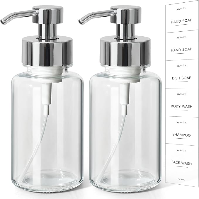 RACOBOT Foaming Soap Dispenser, 14.1 oz/400ml Foaming Hand Soap Dispenser, 2 Pack Glass Foaming Dispenser for Bathroom & Kitchen, Clear Refillable Liquid Dispenser Bottle with Waterproof Labels