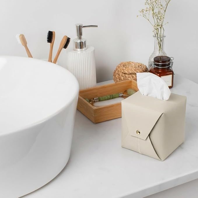 Frayot Tissue Box Cover Square, Faux Leather Tissue Holder Organizer with Side Openings for Bathroom, Vanity, Tabletop, Office (1Pack-Beige)
