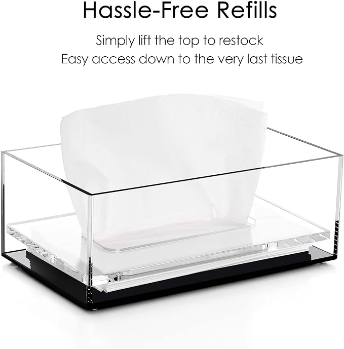 SANRUI Clear Acrylic Facial Tissue Box Cover Holder with 8mm Top Lid Rectangle Napkin Dispenser Organizer for Bathroom, Kitchen and Office Desk,Black&Clear