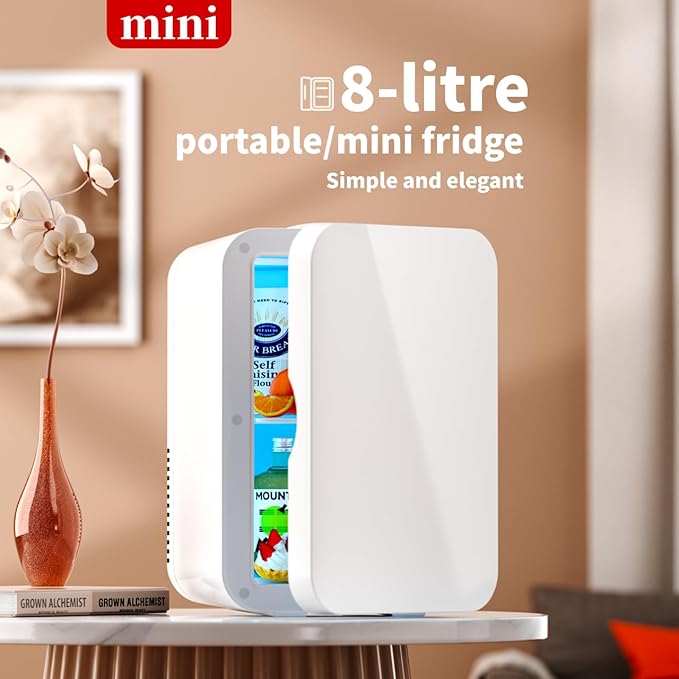 JrostKault Mini Fridge for Bedroom - 8 Liter/8 Can Portable Refrigerator for Car, Office, Dorm - Quiet Cooler & Warmer for Food, Drinks, Makeup & Skincare - AC/DC Power Supply