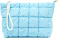 Beayuva Puffer Quilted Makeup Bag Travel Cosmetic Bag Portable Puffy Checkered Toiletry Pouch Skincare Organizer Purse Pencil Case (Light Blue)