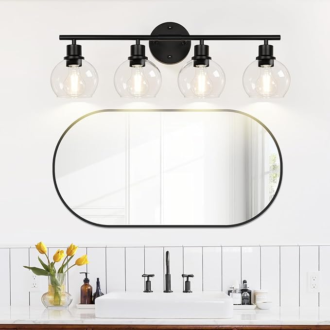 4-Light Bathroom Light Fixtures, Black Bathroom Lights Over Mirror with Clear Glass Globe Shade, Vanity Lights for Bathroom Kitchen Living Room Hallway Cabinet Bedroom Porch