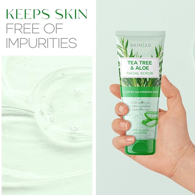 Skin 2.0 Tea Tree & Aloe Gentle Exfoliating Scrub - Dermatologist Tested, Multi-Tasking Cleanser, Clears Skin - Anti-Aging, Clean Beauty, Cruelty-Free Korean Skincare for All Skin Types - 6.76 Fl Oz
