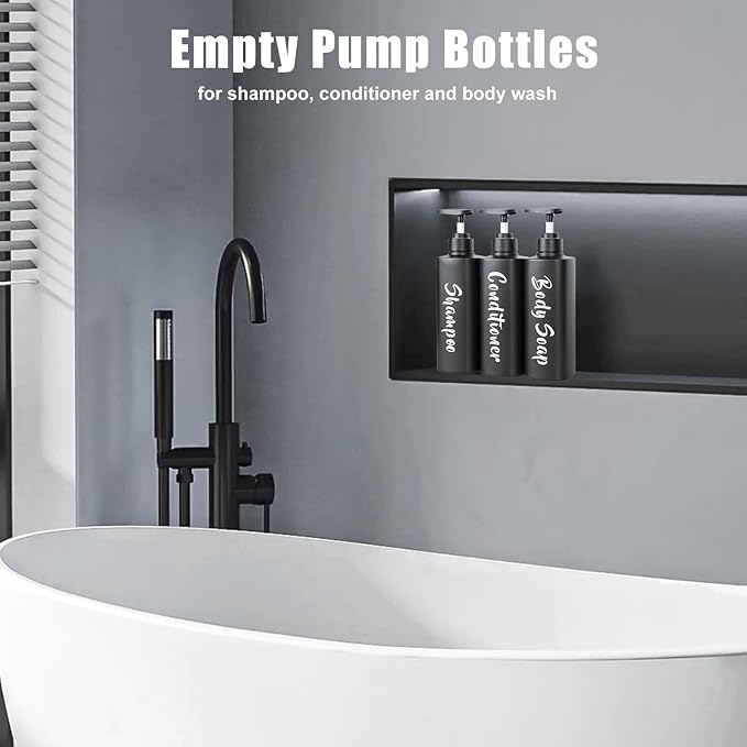AUMIO 16.9oz Bathroom Soap Dispenser Set, Refillable Shampoo and Conditioner Bottles, Empty Bottles with Pump for Shampoo, Conditioner, or Body Wash, Matte Black Shower Dispensers, Set of 3