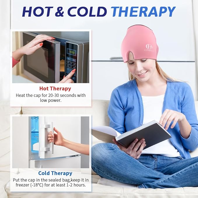 2Pcs Migraine Relief Cap, Soothing Headache Ice Face Mask Products, Hot and Cold Therapy, Migraine Headache Relief Cap for Migraine, Sinus, Puffy Eyes, Tension, Stress and Hangover (Pink+Blue)