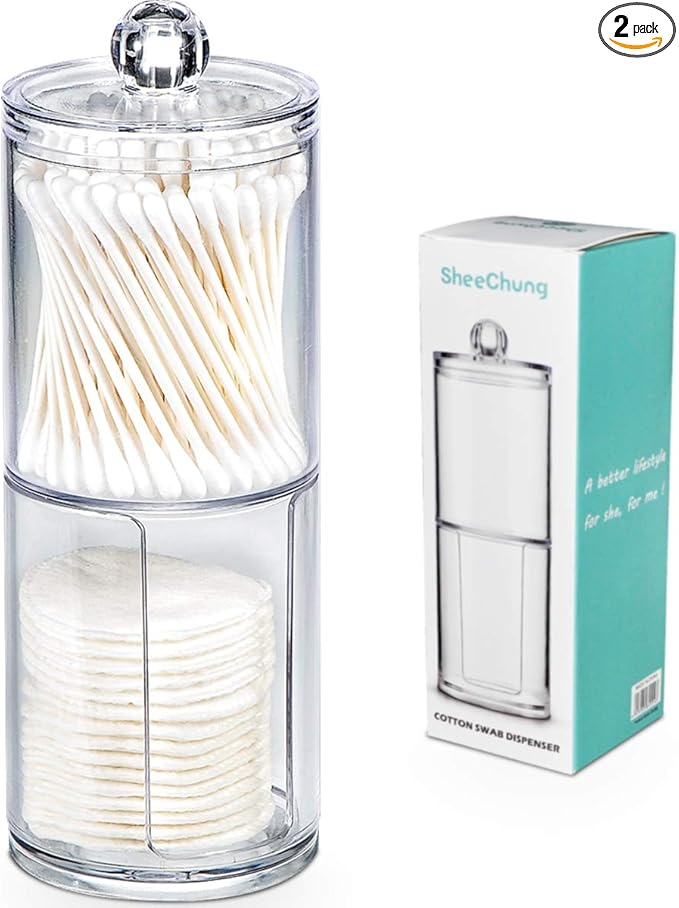 SheeChung Clear Acrylic Qtip Holder Dispenser, Shatterproof Cotton Ball Holder for Bathroom Organization - Vanity Storage Canisters for Cotton Swabs,Balls,Pads(2 Pack 10oz&12oz)