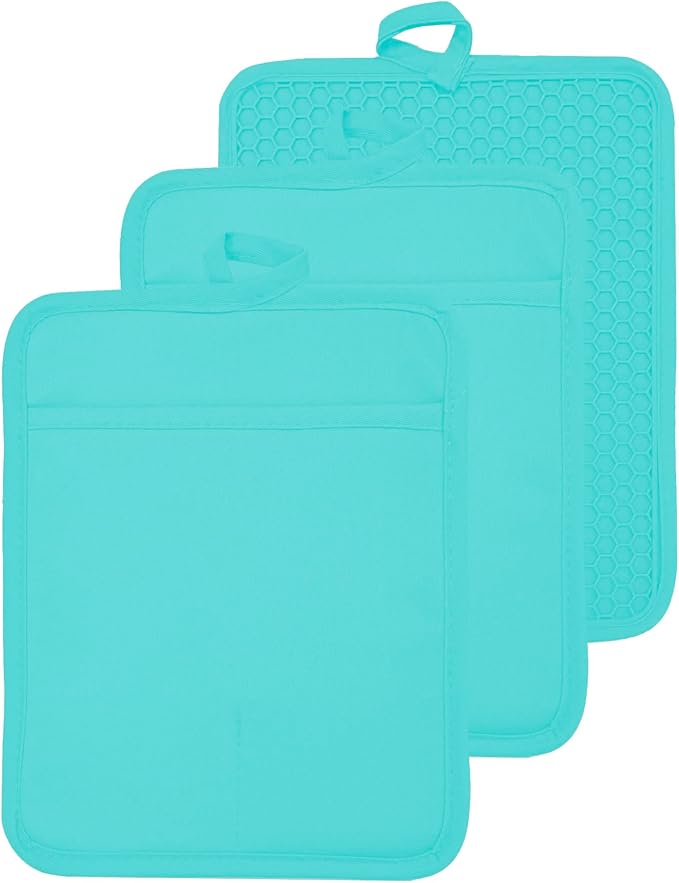 VEIKERY Oven Pot Holder with Pocket Cotton Heat Resistant Coaster Potholder Kitchen Hot Pad Oven Mitts for Cooking and Baking Square 7"x9" (Aqua, Silicone)