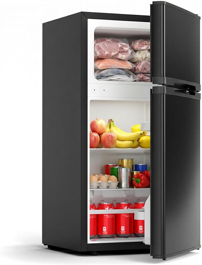 COWSAR 2.5 Cu.Ft Mini Fridge with Freezer, Double Reversible Door Compact Dorm Refrigerator with 2 Removable Shelves, Commercial Apartment Fridge for Bedroom, Office, Kitchen, Dorm, Black