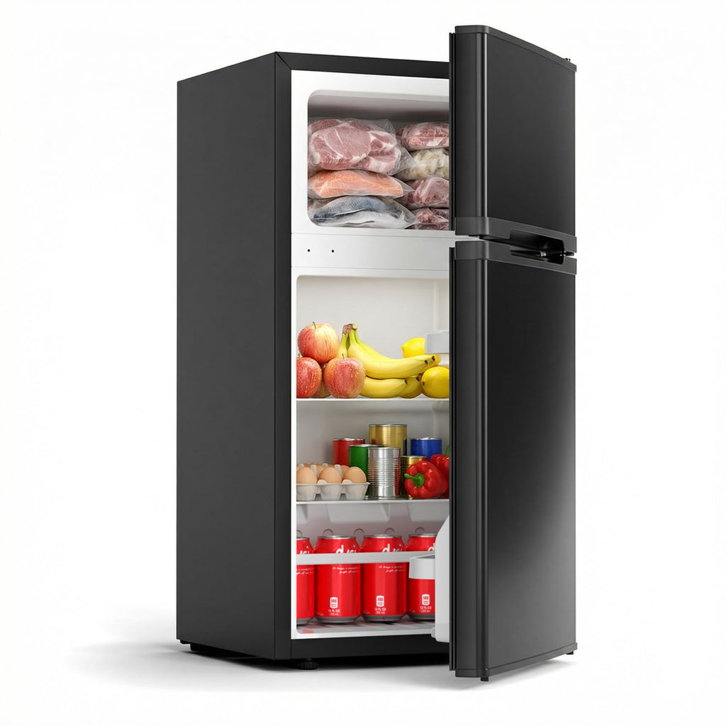 COWSAR 2.5 Cu.Ft Mini Fridge with Freezer, Double Reversible Door Compact Dorm Refrigerator with 2 Removable Shelves, Commercial Apartment Fridge for Bedroom, Office, Kitchen, Dorm, Black