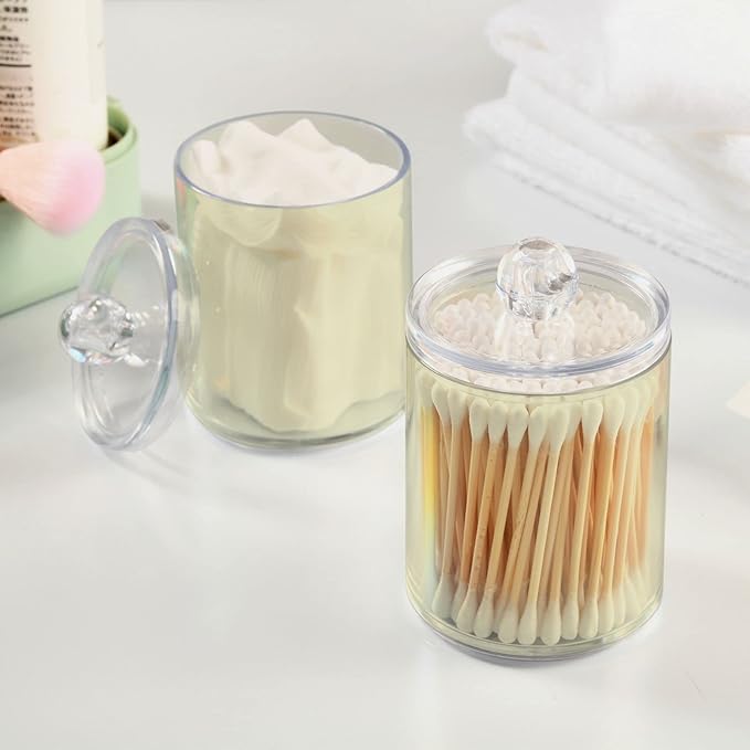 Beige Qtip Holder Organizer Dispenser Cotton Swabs Cans Plastic Jars with Lid Set 2 Pack Bathroom Storage Canister for Cotton Ball Floss Cotton Pads