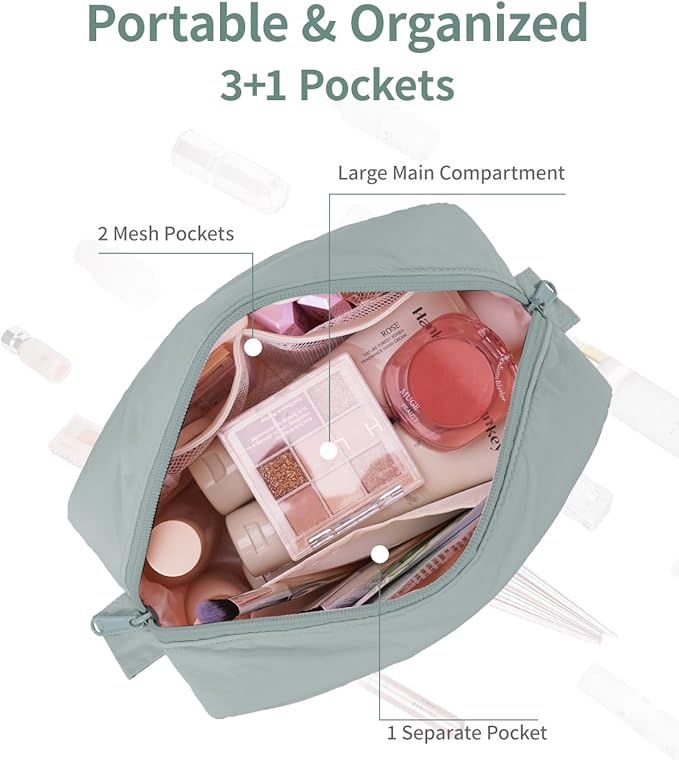 Narwey Travel Makeup Bag for Women Girl, Puffy Padded Make Up Bags Makeup Organizer, Lightweight Toiletry Bag for Cosmetics, Brushes, Travel Essentials (Sage Green)