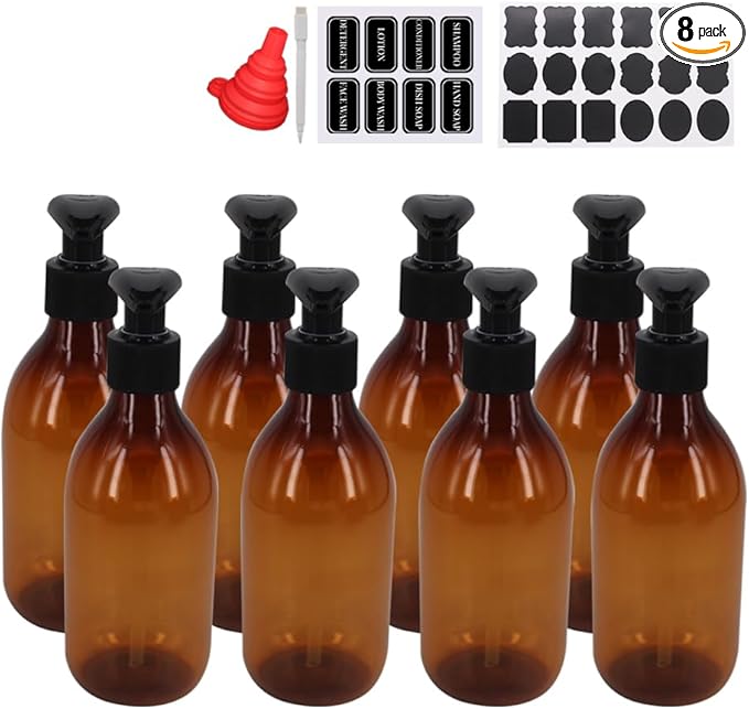 zmybcpack 8 Pack 8oz Empty Plastic Pump Lotion Bottles, Amber Pump Bottles