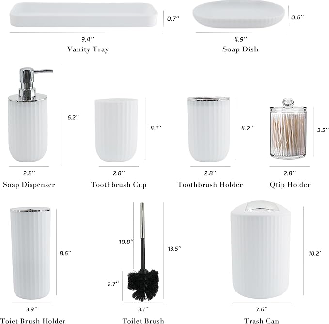 White Bathroom Accessories Set, 10Pcs Bathroom Accessory Sets Complete with Trash Can, Shower Curtain, Vanity Tray, Soap Dispenser, Soap Dish, Toothbrush Holder&Cup, Toilet Brush&Holder, Qtip Holder