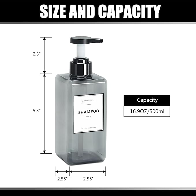 Soap Dispenser for Kitchen, YACEYACE 16.9oz Set of 3 Clear Grey Soap Dispenser Bottles Set, Refillable Pump Shampoo Dispenser Bottles with Label