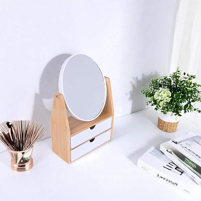 PYSYY 1x / 5X Magnifying Makeup Mirror, Jewelry and Cosmetics Storage Box with Double Drawers, Adjustable Natural Bamboo Stand, 360° rotatable Vertical Desktop Mirror (1, Oval)