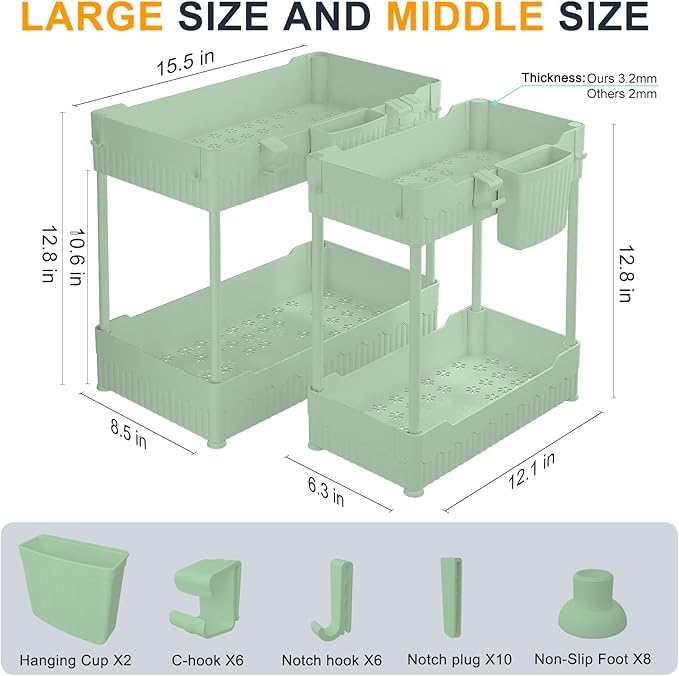 2 Pack Under Sink Organizer, Under Bathroom Cabinet Organizer with Hooks Hanging Cup, Multi-Purpose Storage Shelf for Kitchen Bathroom (Green, 12.8 Inch)