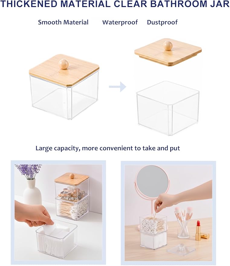 VIPTUVI Cotton Swab Holder with Bamboo Lid, Single Layer Plastic Apothecary Jar for Bathroom Vanity, Cotton Ball Container & Floss Pick Organizer, Dispenser for Hair Tie & Cotton Rounds.