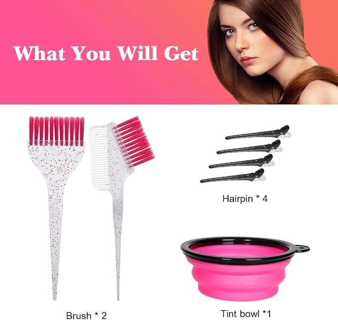 MOONMINI Hair Dye Color Brush and Bowl Set, Color Bowl Brushes Tool Mixing Bowl Kit Tint Comb for Hair Tint Dying Coloring Applicator (Pink&Clear)