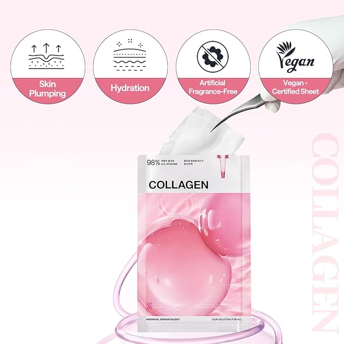 Mediheal Essential Face Mask [Collagen] Core Firming 10 pcs. with 98% Purity Collagen for Plumping Hydration, Glass Skin & Skin Firming - Travel Essentials, Vegan Formula Korean Beauty Sheet Mask
