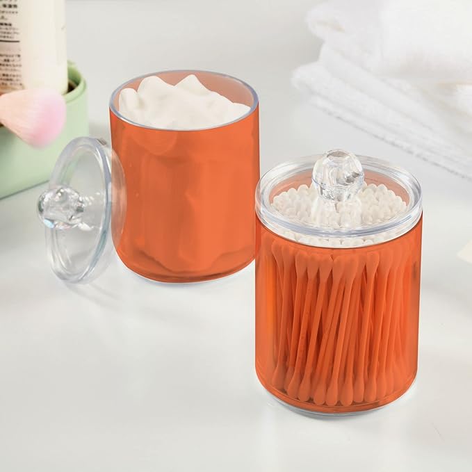 Coral Qtip Holder Organizer Dispenser Cotton Swabs Cans Plastic Jars with Lid Set 4 Pack Bathroom Storage Canister for Cotton Ball Floss Cotton Pads