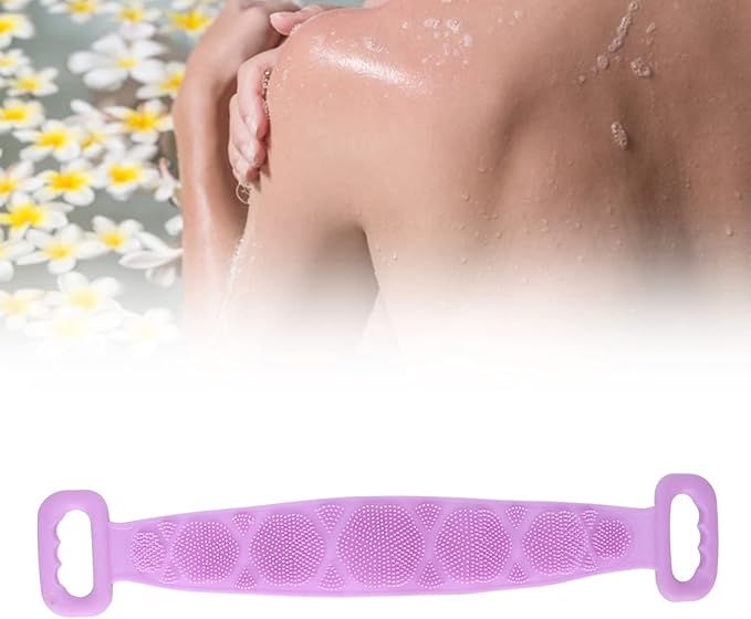 Silicone Back Scrubber Strap Double Sided Exfoliating Bath Shower Cleaning Belt Ergonomic Design for Men Women Kids Elderly Soft Dense Brush Hair Body Massage Tool (Purple)