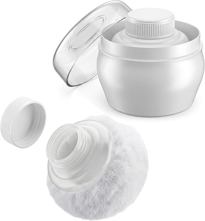 Wanmu 3.1 Inch Body Makeup Puff and Container, Fluffy After Bath Body Makeup Puff Box, Storage Body Powder Container with Handheld Stand for Baby Adult Daily Care (White)