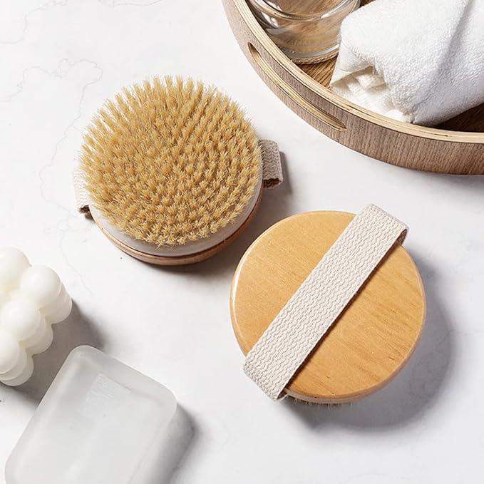 HiKin Round Wooden Natural Bristles Dry Bath Body Brush, Dia4.3” Handheld Shower Brush Back Scrubber for Exfoliating, Cellulite and Detox, etc.