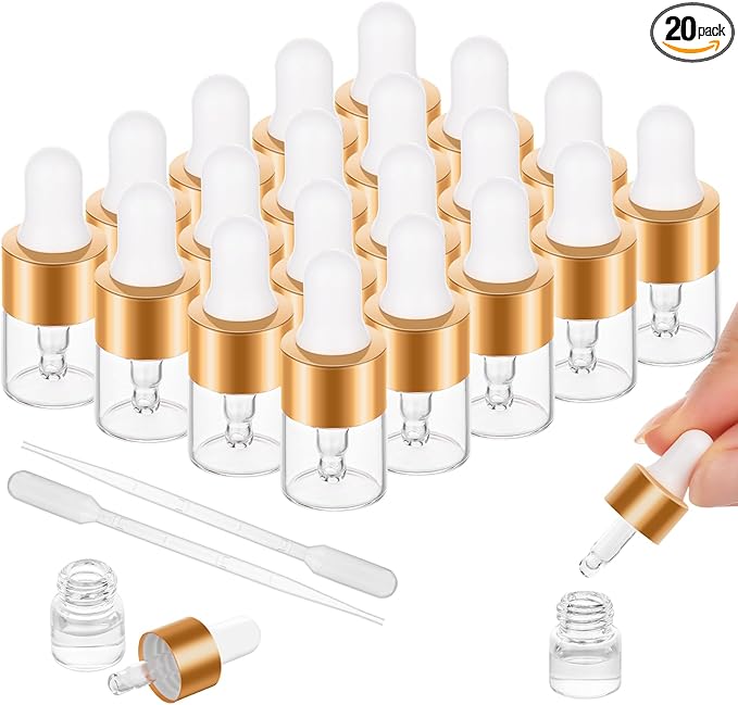 20 Pack Mini Dropper Bottle for Cuticle Oil, 1ml Small Sample Essential Oil Dropper Bottles for Travel, Clear Empty Vails for Cosmetic Perfume