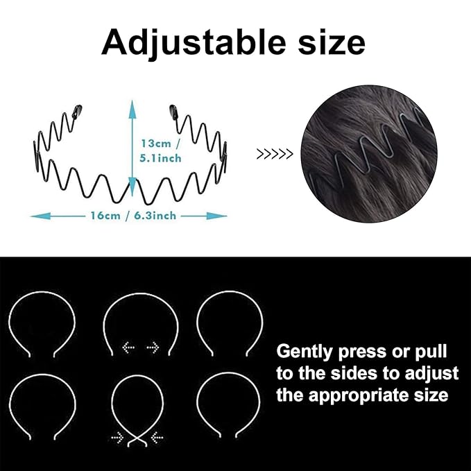 KELUBATU Metal Headband for Men, Adjustable Wavy Hair Band, Wide Wave 3 Pcs