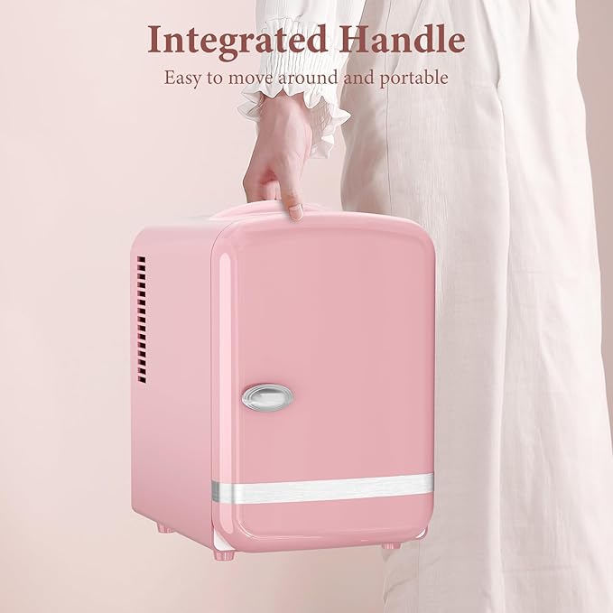 Xbeauty Retro Mini Fridge, Compact Refrigerator with 4L Capacity/6 Cans，Cooler & Warmer, Removable Shelf for Skincare, Beverages, Cosmetics, Perfect for Dorm, Bedroom, Pink