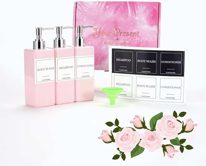 Shampoo and Conditioner Dispenser for Shower, Refillable Shampoo and Conditioner Bottles Body Wash Dispenser with Waterproof Labels, 3PCS 16.9oz Soap Dispenser Bathroom Pink Silver Empty Pump Bottle