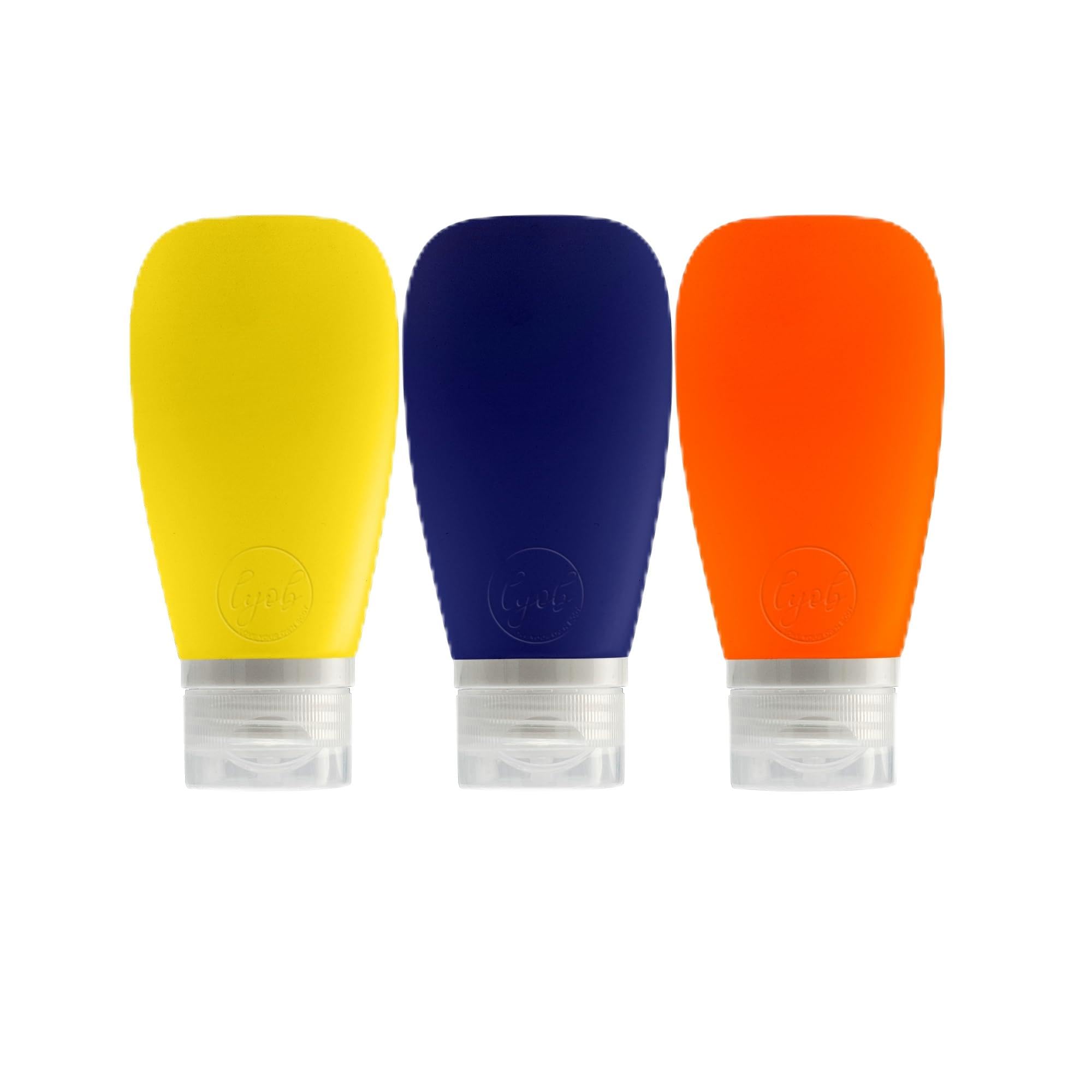 LYOB Travel Bottles for Toiletries, TSA Approved 3oz Leak Proof Silicone Refillable Squeeze Travel Size Containers BPA Free for Cleansers, Lotions, Shampoo 3pk (Orange-Blue-Yellow).