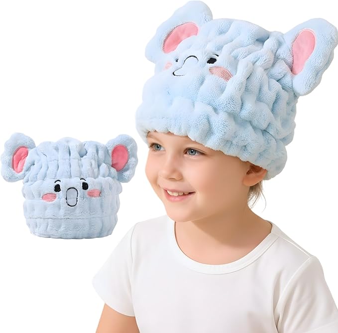LCBD Microfiber Hair Towel Wrap for Kids, Blue Elephant Dry Hair Cap Suck Water, Absorbent Quick Girls Boys Hair Drying Towel, Lightweight Bouncy Hat Headscarf
