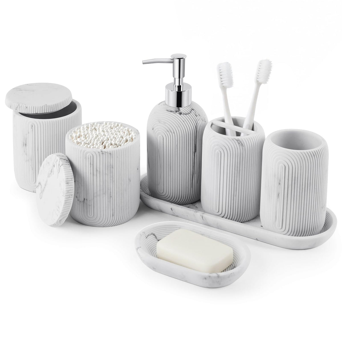 Bathroom Accessories Set - 7-Piece Resin Bathroom Set, Toothbrush Holders Set, Soap Dispenser, Qtip Holder Dispenser, Tumbler, Soap Dish & Tray, Modern Bath Decor for Home Dorm Hotel (Marble White)