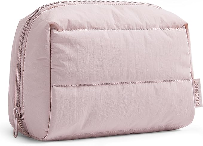 BAGSMART Puffy Makeup Bag, Wide Opening Cosmetic Organizer, Soft Water-Resistant Travel Toiletry Pouch for Women for Purse, Compact & Spacious