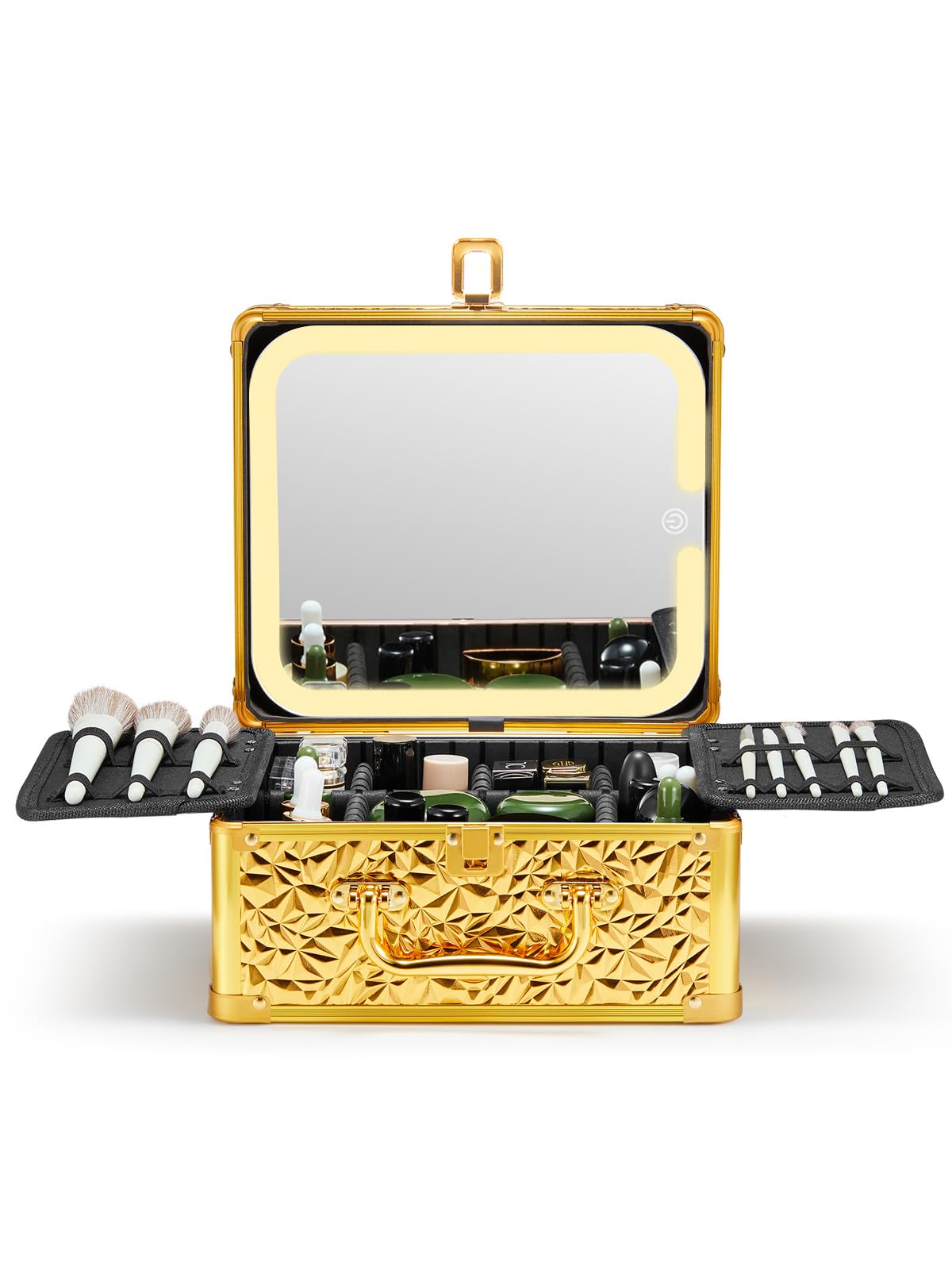 Qislee Makeup Box with A Detachable Lighted Mirror, Waterproof Travel Train Case, Cosmetic Organizer Bag and Makeup Suitcase with Adjustable Dividers, Magnetic LED Mirror (Bling Gold)
