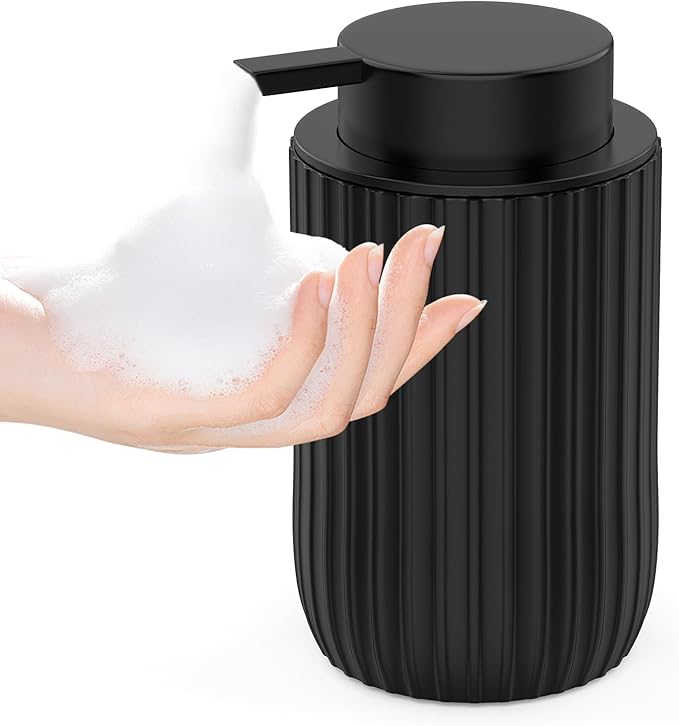 POSOSTO Ceramic Foaming Hand Soap Dispenser, 12 oz Bathroom Soap Dispensers, Lotion Dispenser for Kitchen, Refillable Matte Streaks Soap Dispenser with Large Pump (Black)