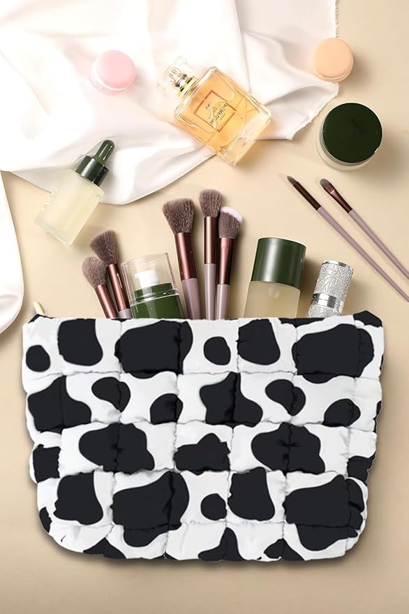 HFLZBRO Puffy Quilted Makeup Bag, Cosmetic Bag, Travel Toiletry Organizer Pouch, Clutch for Women (Cow Print)