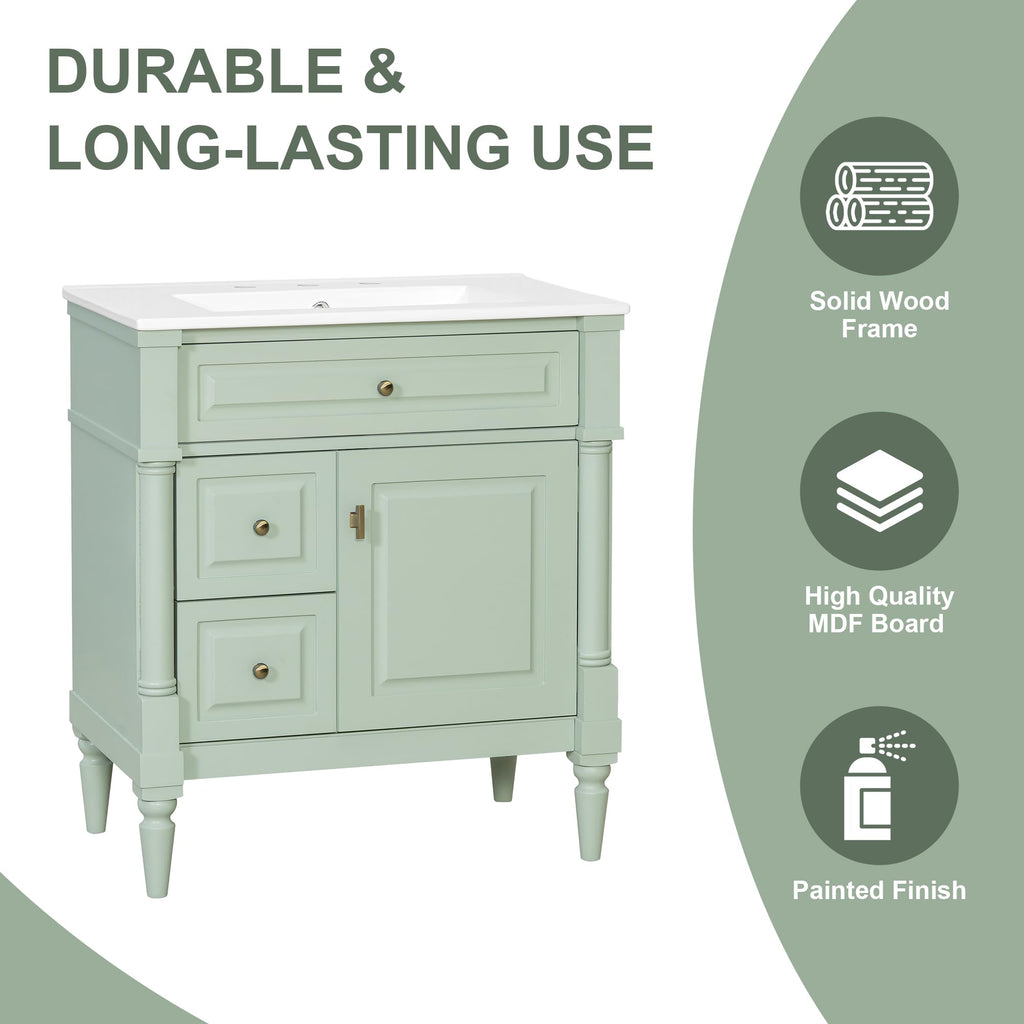 Harper & Bright Designs 30" Bathroom Vanity with Sink, Free Standing Bathroom Vanity Set with Flip Drawer, 2 Drawers, and Adjustable Shelf, Wood Storage Cabinet with Ceramic Basin for Bathroom, Green