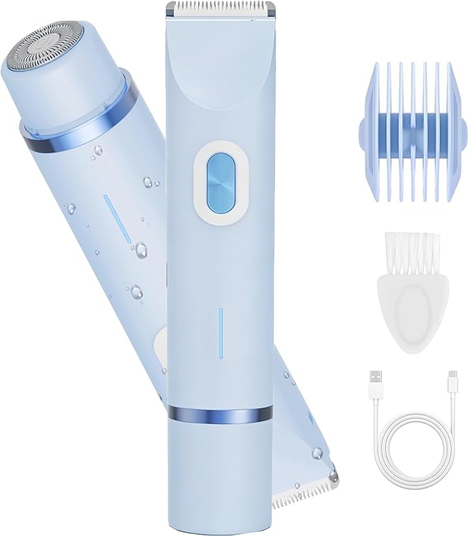 Electric Shaver for Women, 2-in-1 Electric Razor for Womens Legs Underarm Face Pubic Hairs, Rechargeable Razor Body Hair Trimmer Wet & Dry Use,Light Blue