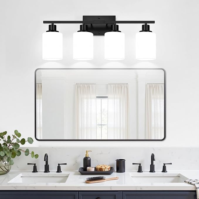 4-Light Bathroom Light Fixtures, Matte Black Vanity Lights with Milk Glass Shades, Modern Bathroom Wall Lamp for Mirror Living Room Bedroom Porch