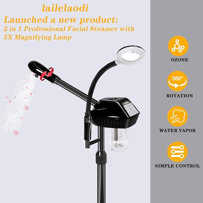 lailelaodi Professional Facial Steamer on Wheels,2 in 1 Face Steamer with 5X Magnifying Lamp and Ozone Function for Home and Beauty Spa Use