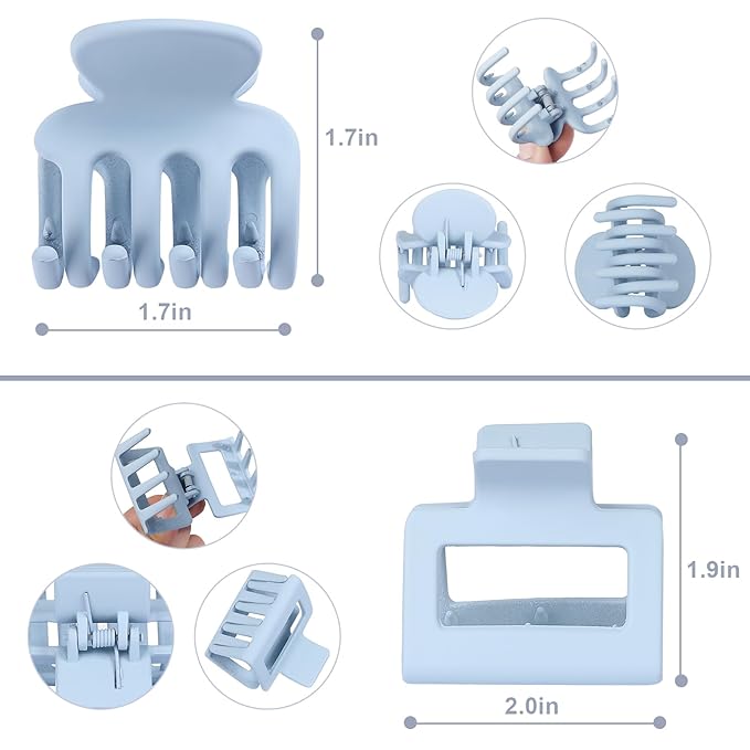 Medium Hair Clips Combination 2 Styles Small Claw Clips for Thin Hair 8 Pcs Matte Non-slip Rectangle Jaw Clips Square Hair Accessories for Women and Girls (Blue)