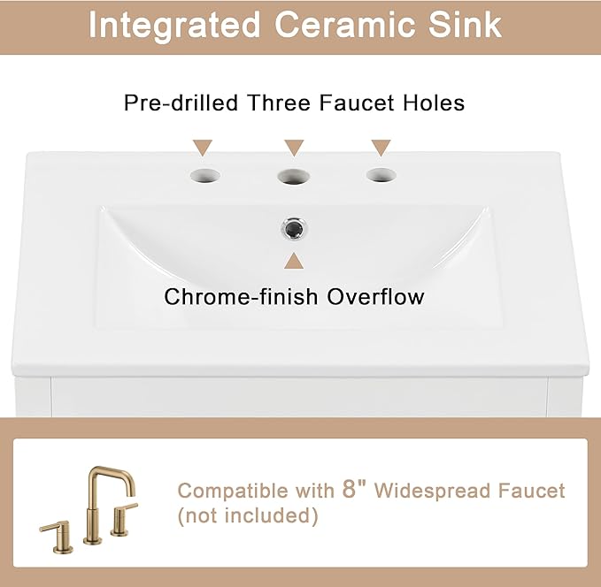 Harper & Bright Designs 24" Bathroom Vanity with Sink, Free Standing Single Basin Vanity Set with Two Drawers and Glass Door, Modern Wooden Bathroom Cabinet with Ceramic Basin for Bathroom, White
