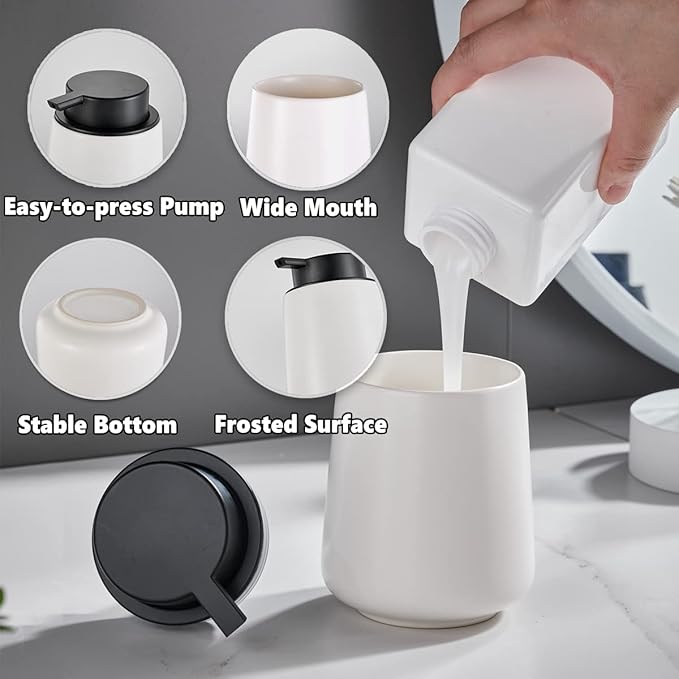 12Oz Hand Soap Dispenser Set - 2 Pack Ceramic Lotion Soap Dispenser Set with Easy-to-Press Black Pump, Refillable Mordern Liquid Dish Soap Dispensers for Bathroom & Kitchen (White, Liquid Pump)