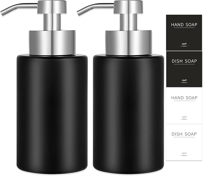 Foaming Soap Dispenser Set, 12 Oz Glass Hand Soap Dispenser with 304 Rust Proof Stainless Steel Pump, Waterproof Labels, for Bathroom Decor Kitchen College Dorm, Black Silver Pump 2 Pack