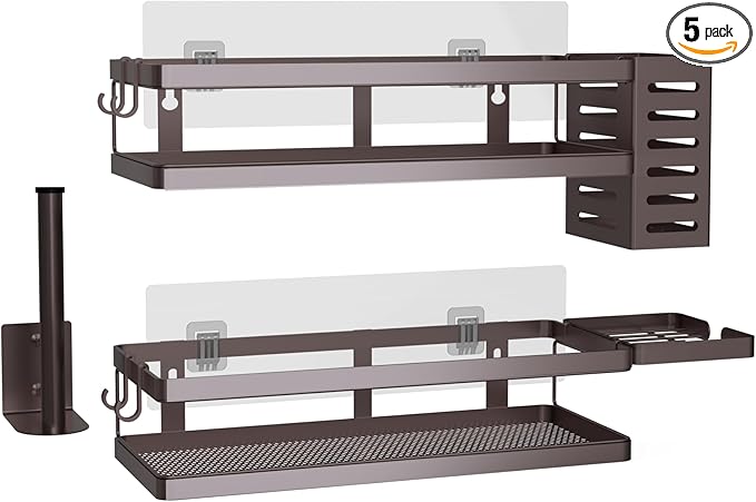 PUSDON 5-in-1 Shower Caddy & Kitchen Organizer Set, Wall Mount Wide Spice Rack with Paper Towel Holder, Utensil Holder, Soap Dish, Rustproof Mesh Baskets Hold 50LBS - Vintage Bronze, Guardrail