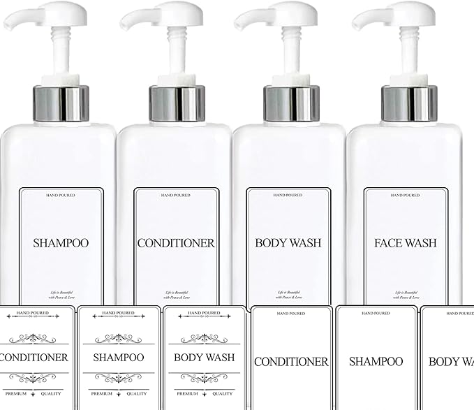 EZPRO USA Empty Plastic Square Bottles Pump Shampoo Conditioner Body Wash Face, in Shower Bathroom Dispenser, Waterproof Permanent Labels, 27oz 800ml Set of 4 (White Plastic, Silver White Pump)