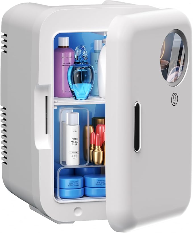 JrostKault Mini Fridge for Bedroom, 4L/6 Cans Small Cosmetic Fridge for Skincare, Makeup & Drink, With LED Light Mirror, Portable Desk Fridge Cooler and Warmer for Kids, Car, Office, Dorm, White