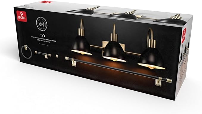 GLOBE Electric 63000058 5-Piece All-in-One Bathroom Accessory Set, Brass & Black, 3-Light Vanity Light, Towel Bar, Toilet Paper Holder, Towel Ring, Robe Hook, Bathroom Lights Over Mirror